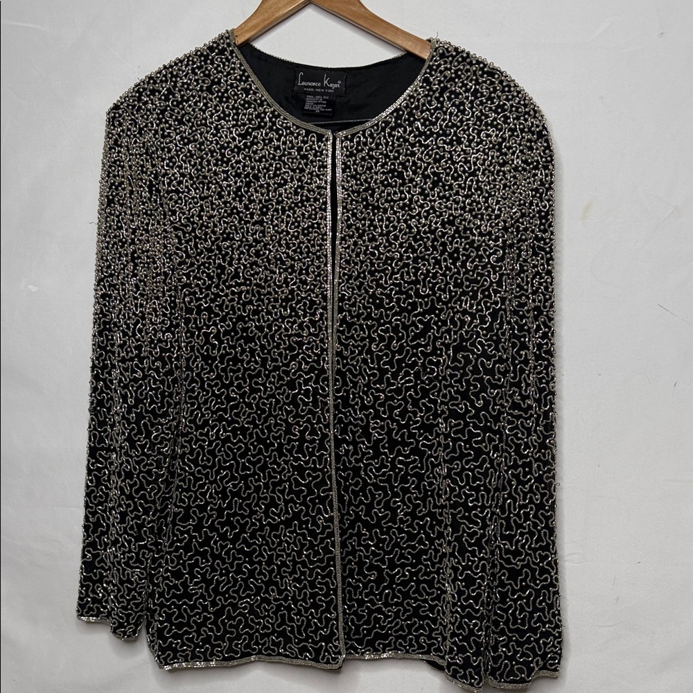 Vintage Laurence Kazar 100% silk beaded sequined eyelet closure jacket 1X
